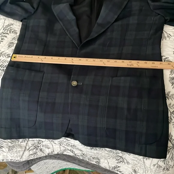 HUNTING HORN DESIGN FOR J. RIGGINGS WOOL BLEND TARTAN PLAID Navy Green Size 42L - Picture 8 of 9